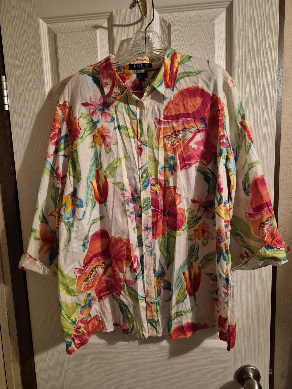 Lauren Ralph Lauren White Floral Button-Up Blouse with Pink & Orange Accents
